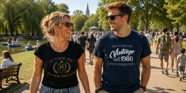 Custom year birthday T-shirts — smiling couple walking in a sunny park wearing Getting Shirty's personalised birthday tees, including 'It Took Me 50 Years to Look This Good' and 'Vintage 1980 Aged to Perfection'