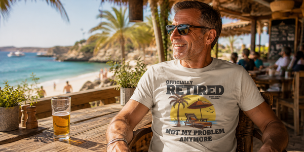 Getting Old & Retirement T-Shirts — smiling man relaxing at a beach bar wearing an 'Officially Retired, Not My Problem Anymore' T-shirt from Getting Shirty